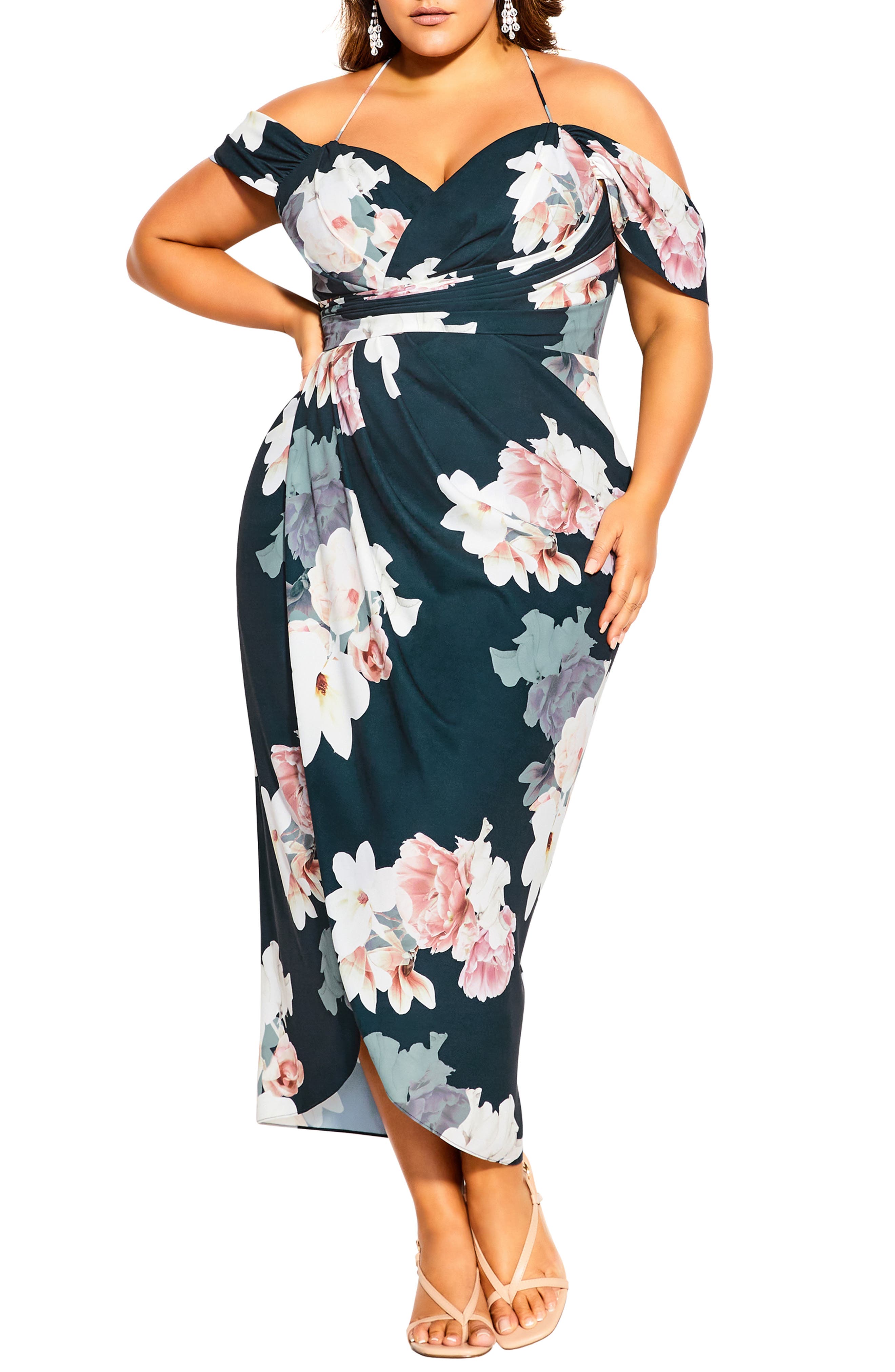 City Chic Emerald Off The Shoulder Faux Wrap Dress In Floral Glow | ModeSens